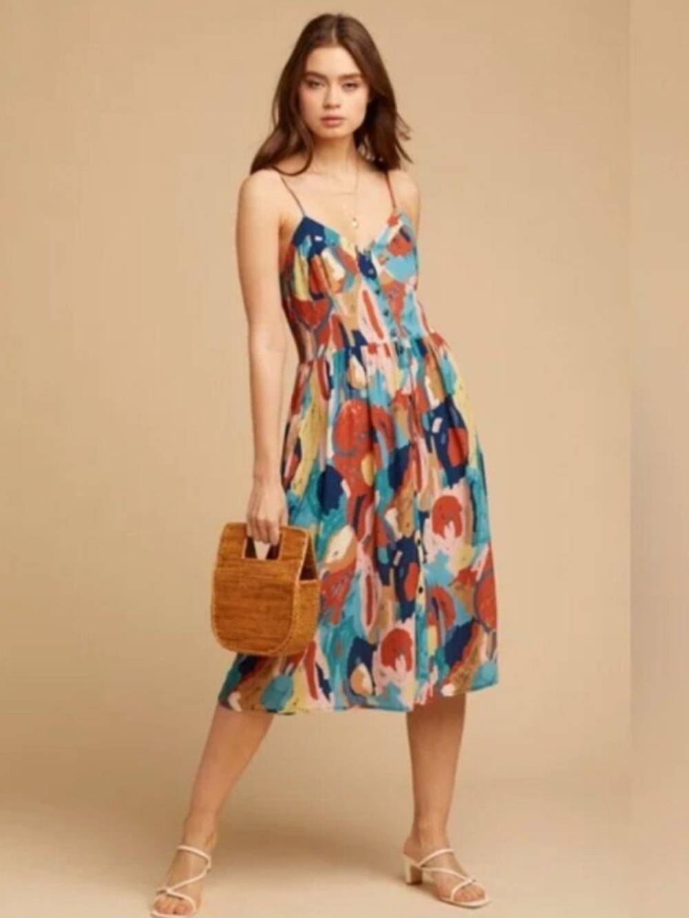 ROLLA’S Eve Painted Tulip Abstract Print Button Strap Midi Dress Small